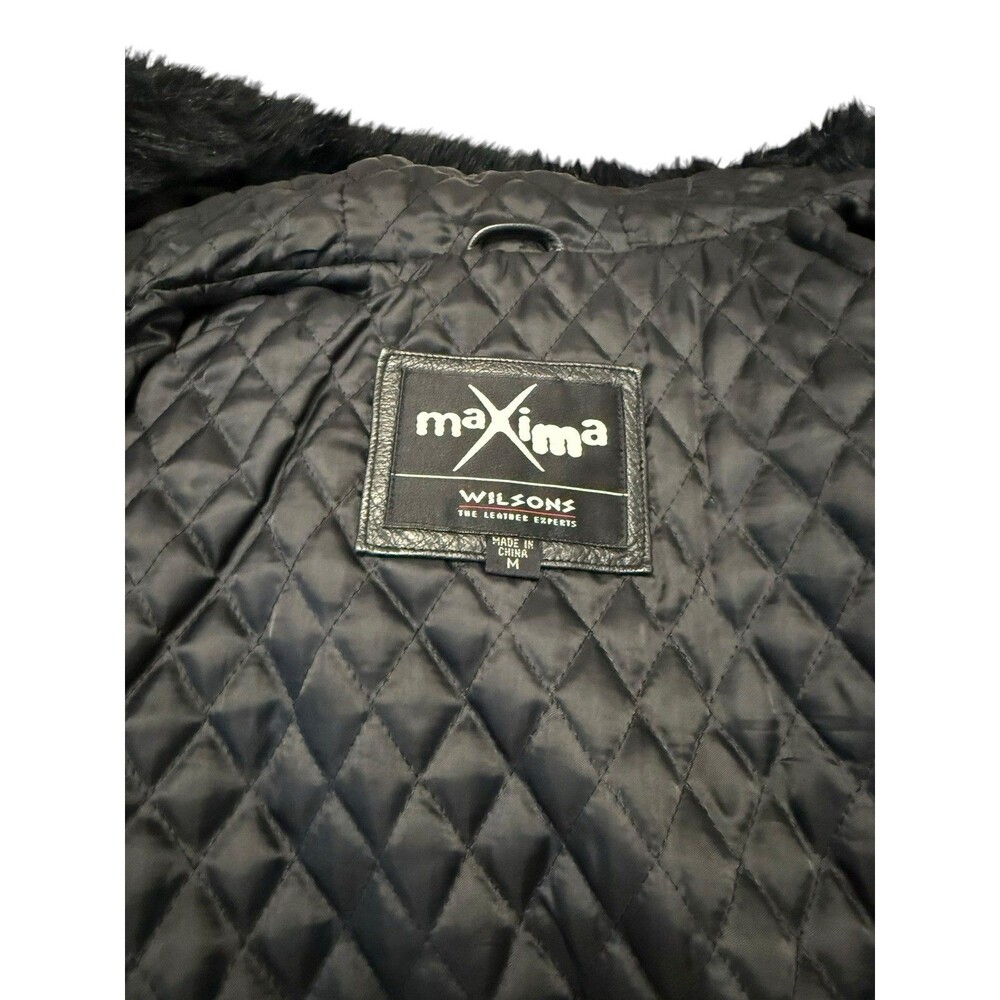 Vintage Wilsons Leather Maxima Black Leather Faux Fur Hood Toggle Coat M - Picture 10 of 16